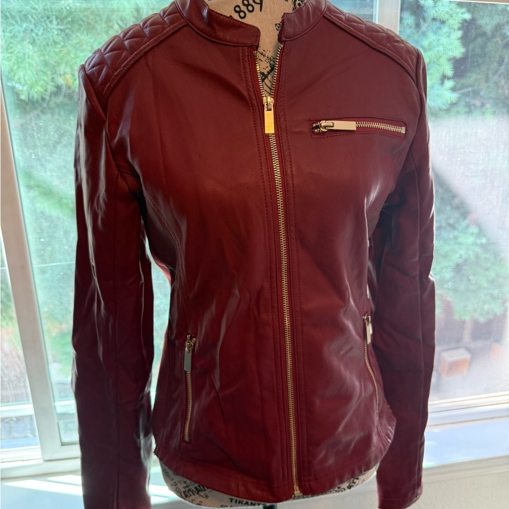 G by Guess Burgundy Faux Leather Jacket w/ Gold Accents – Size Large